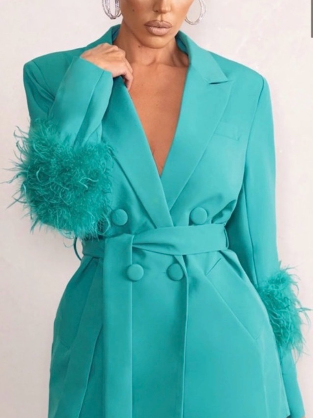 Club L London Teal Feather-Cuff Belted Blazer